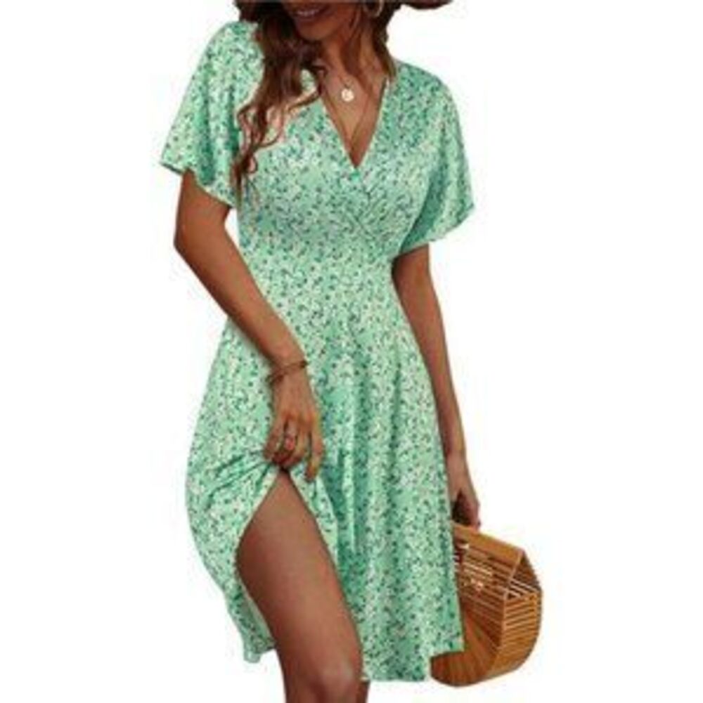 Women's Sundress Summer Floral Short Sleeve Wrap V Neck A-Line Midi Dress